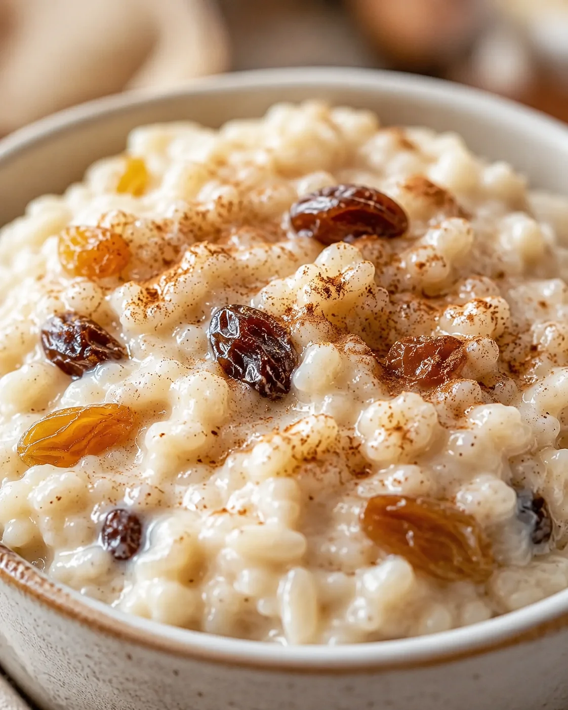 Close-up of warm, creamy rice pudding topped with raisins and cinnamon.