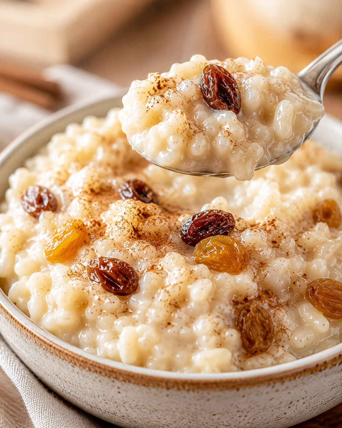 Close-up of creamy rice pudding topped with raisins and cinnamon in a bowl