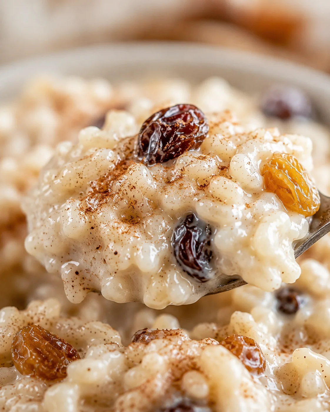 Close-up of a spoonful of creamy rice pudding topped with raisins and cinnamon