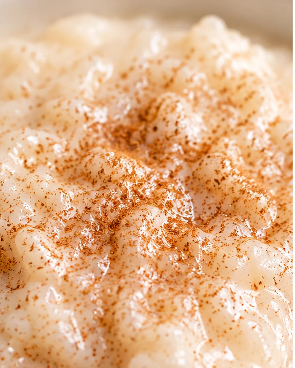 Close-up of a creamy rice pudding topped with cinnamon.