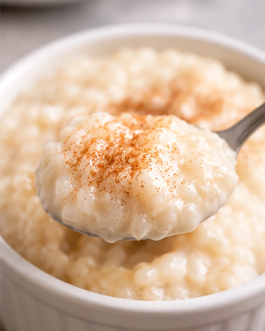 Creamy rice pudding topped with a dash of cinnamon in a white bowl.