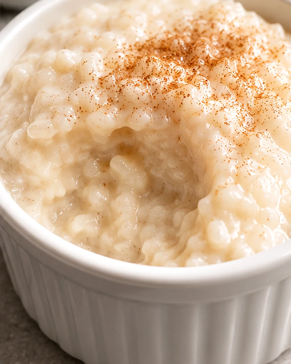 Creamy dairy-free rice pudding topped with a sprinkle of cinnamon in a white bowl.