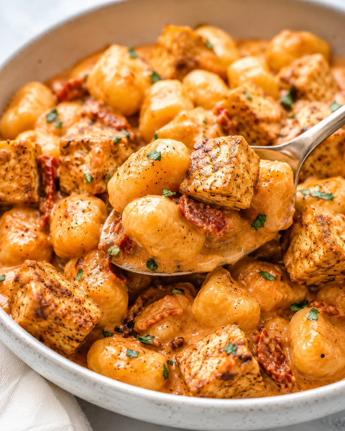 Delicious vegan crispy tofu cubes served with soft gnocchi in rich sun-dried tomato sauce