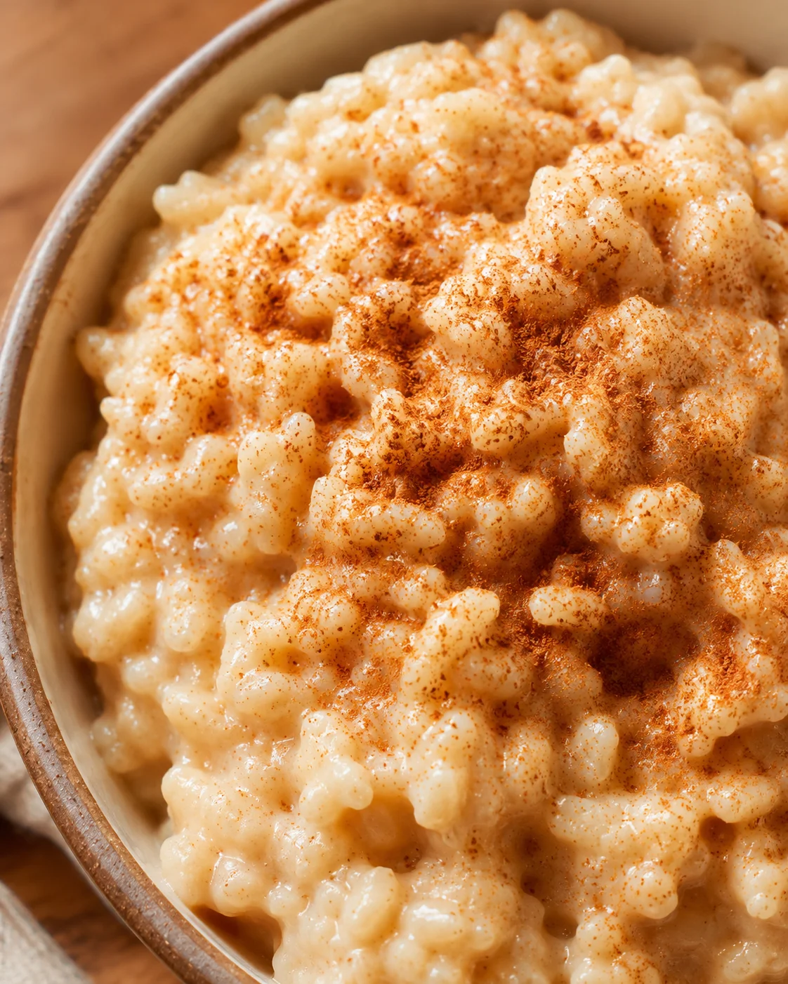 Creamy low calorie rice pudding topped with a sprinkle of cinnamon.