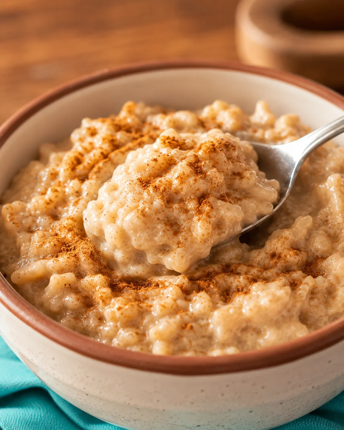 Creamy low calorie rice pudding topped with cinnamon in a bowl.