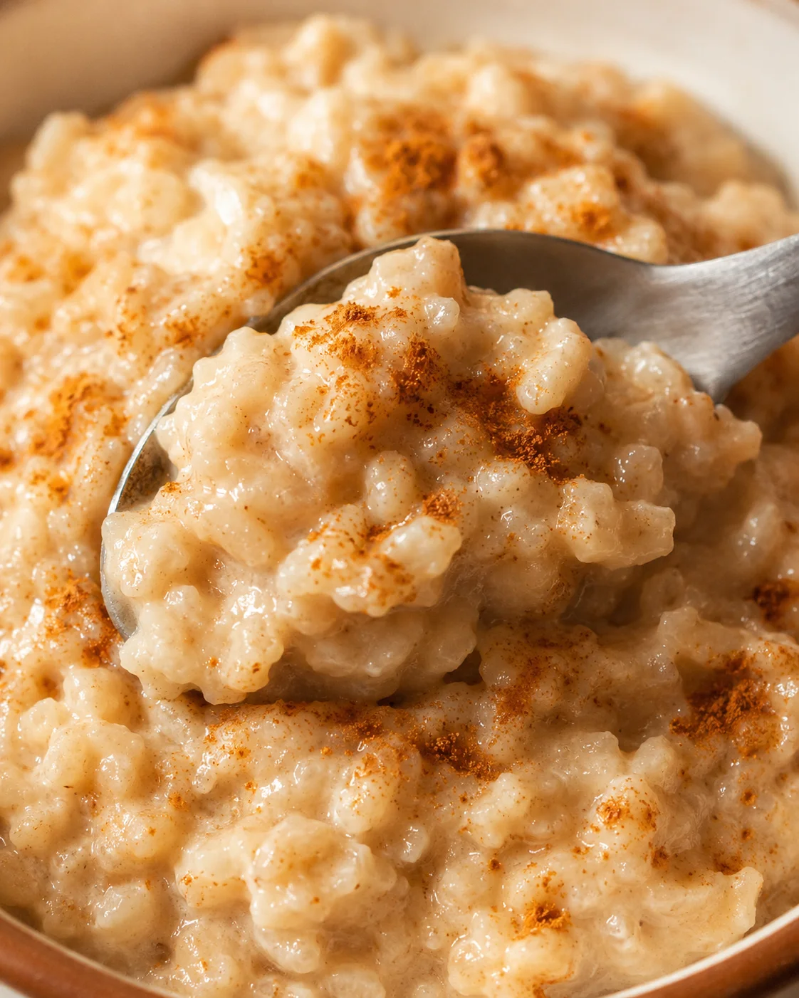 Creamy low calorie rice pudding topped with cinnamon in a close-up photo.