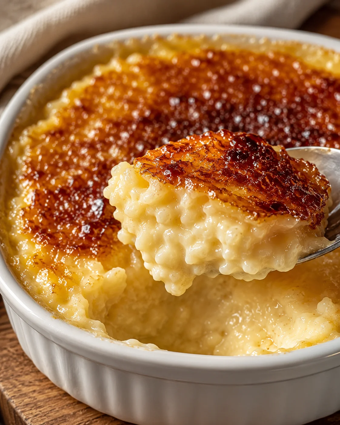 Close-up of creamy baked rice pudding topped with caramelized sugar crust