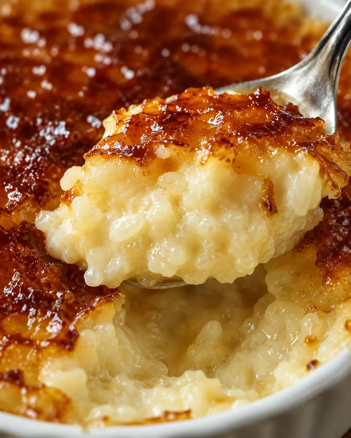 Close-up of creamy baked rice pudding with golden caramelized top and spoonful scoop