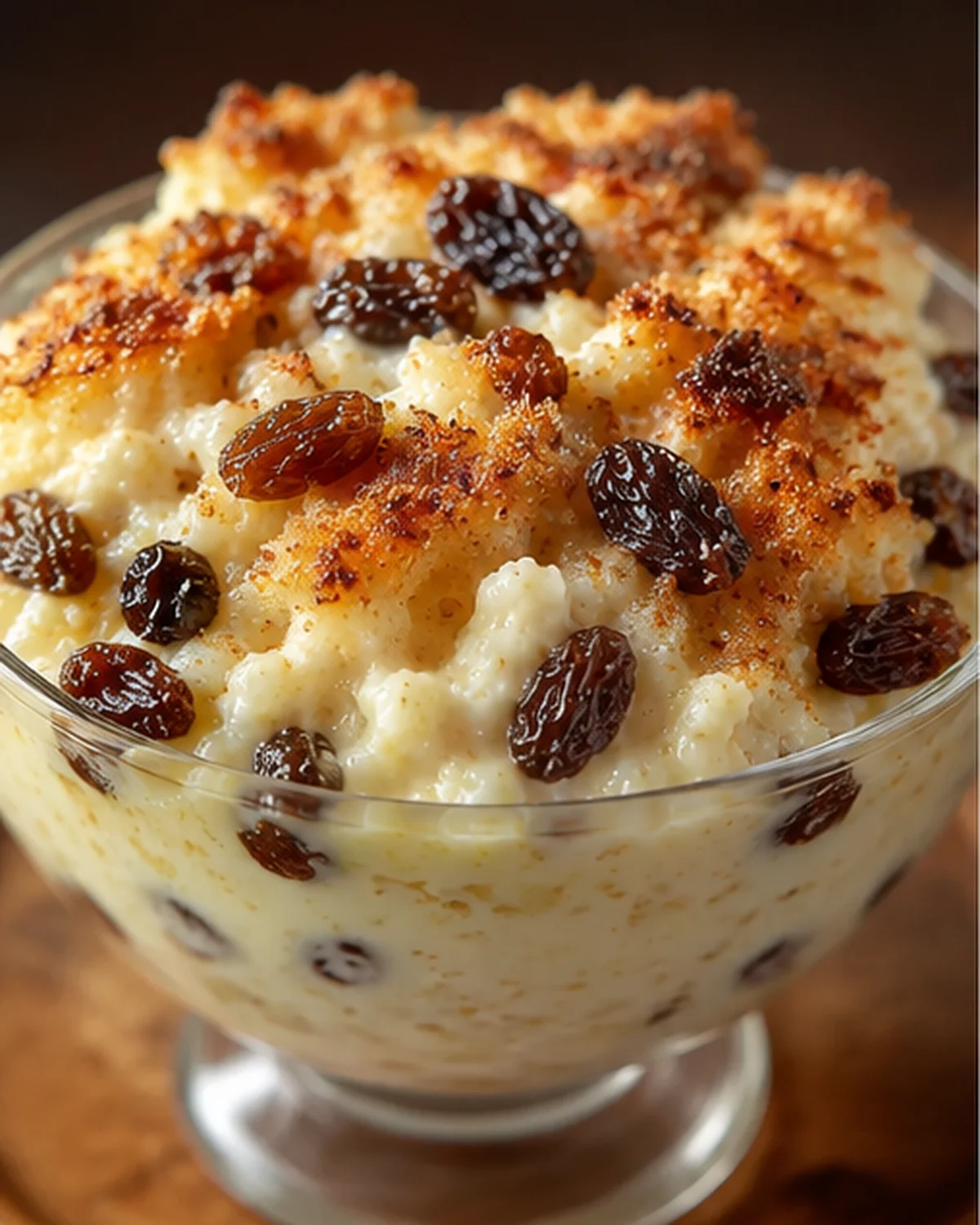 Creamy rice pudding topped with raisins and nutmeg in a glass bowl.