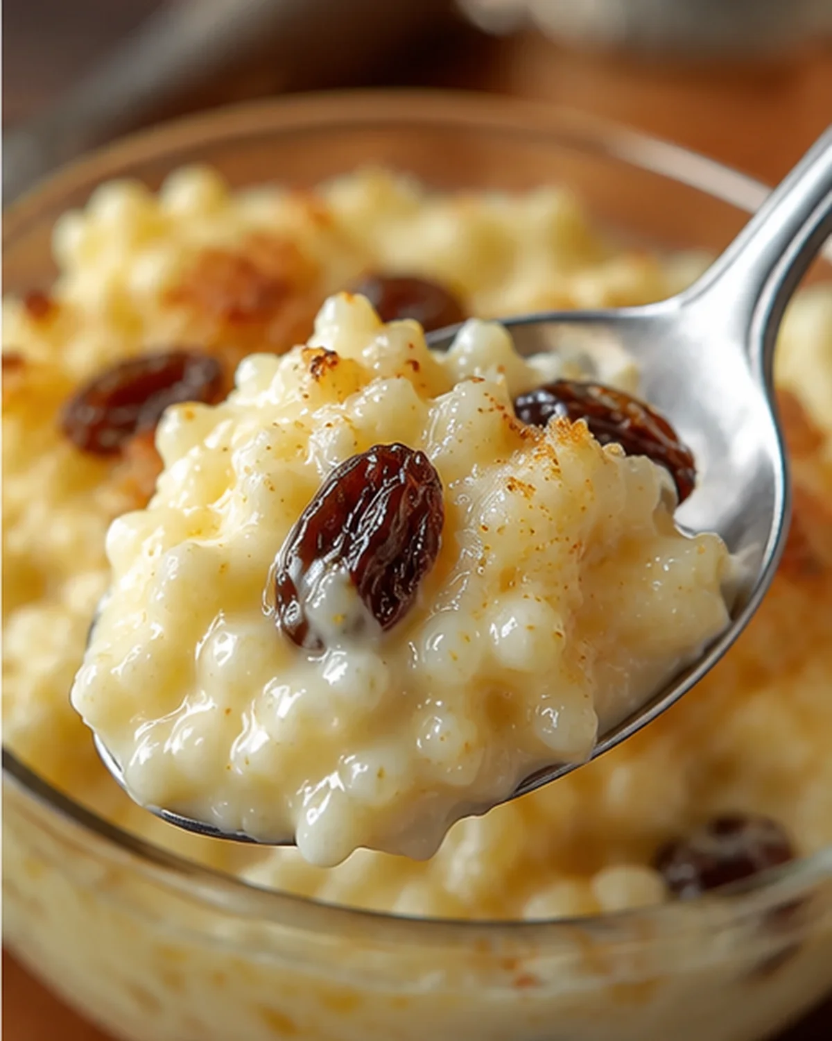Creamy rice pudding topped with raisins in a glass bowl close-up.