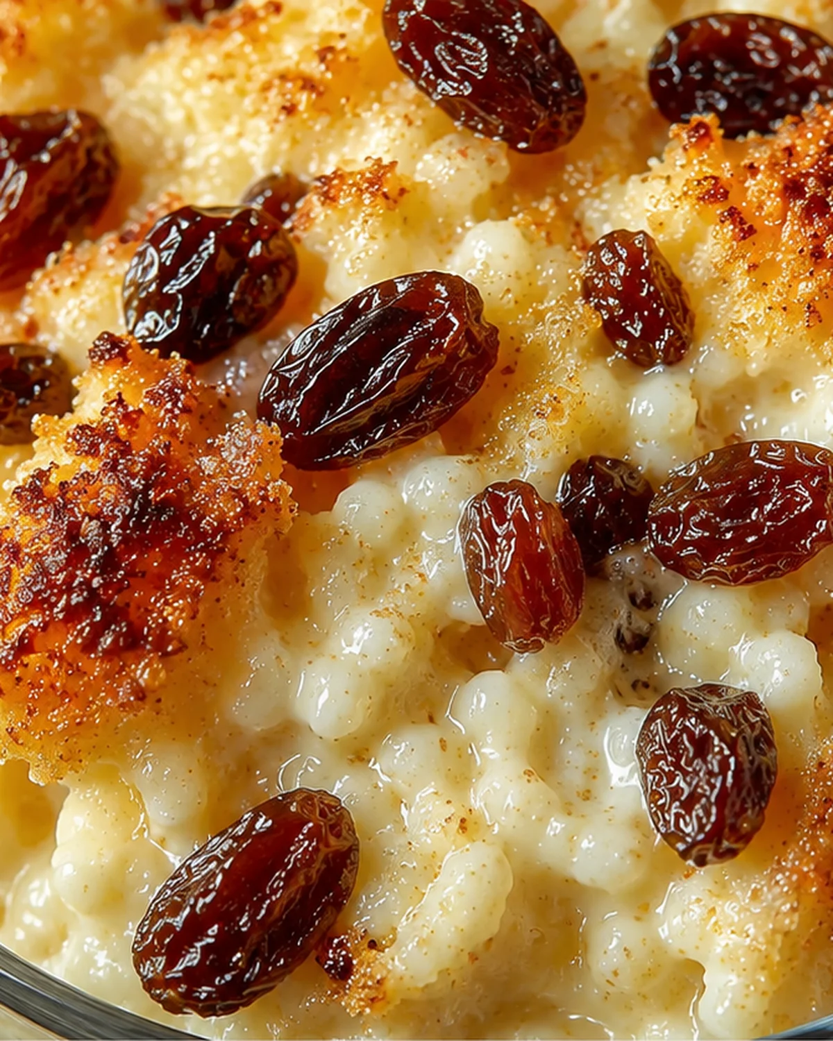 Close-up of creamy rice pudding topped with raisins and a sprinkle of cinnamon