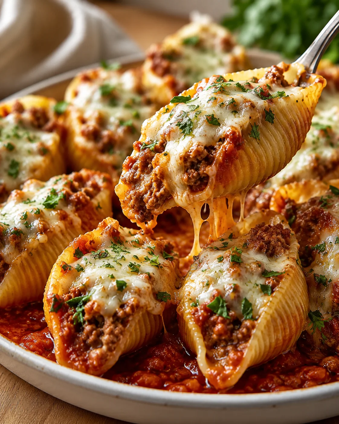 Delicious beef-stuffed pasta shells topped with melted cheese and herbs