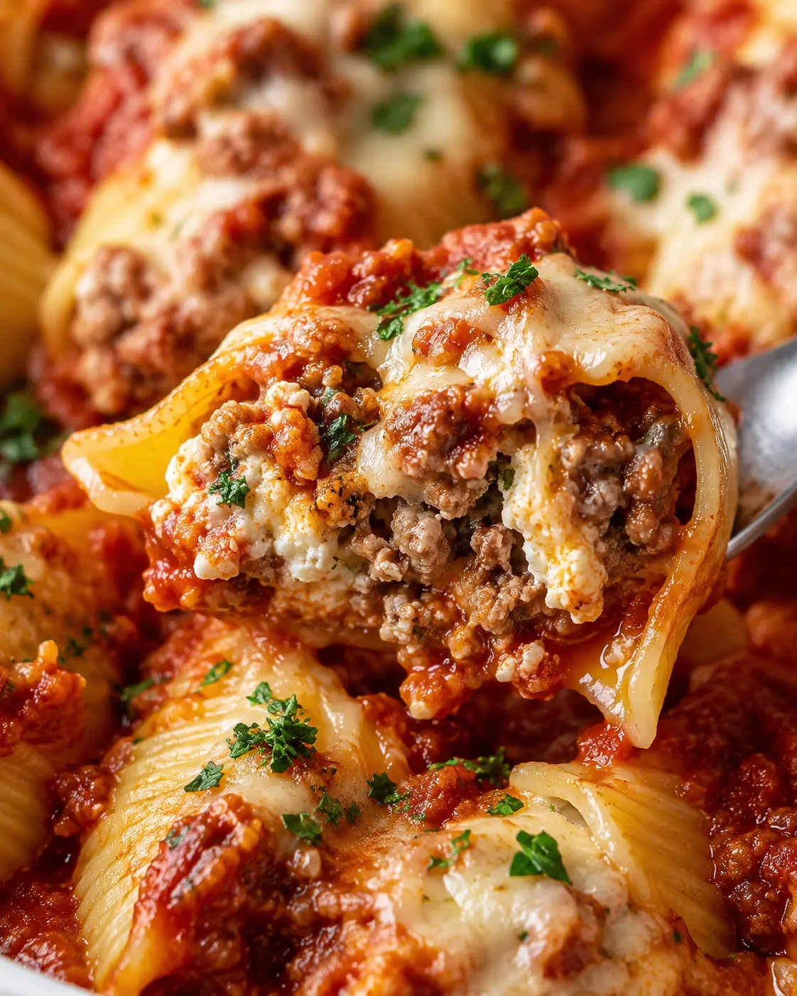 Close-up of cheesy beef stuffed pasta shells with meat, sauce, and herbs