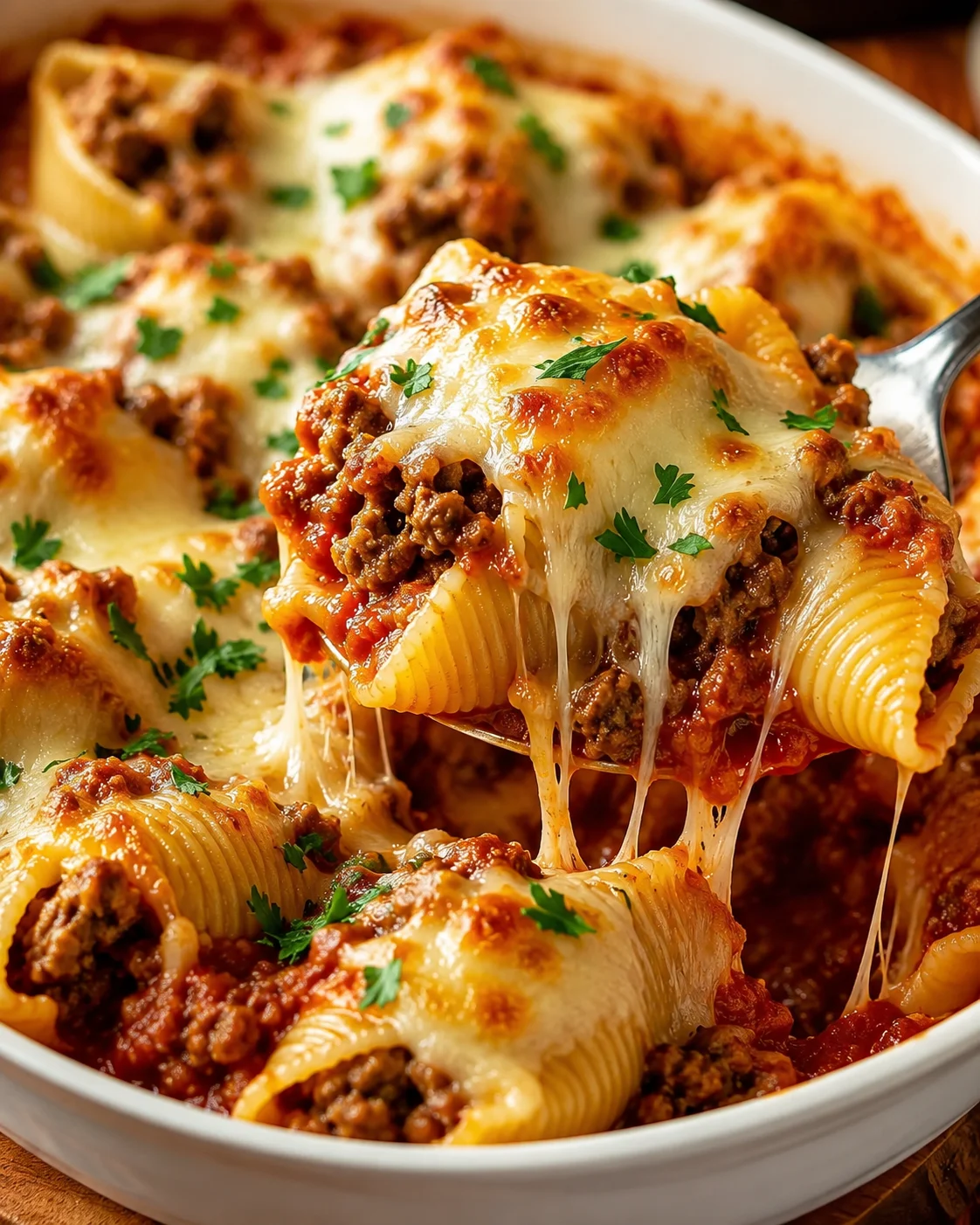 Stuffed Pasta Shells with Ground Beef Cheesy stuffed pasta shells topped with melted cheese and fresh parsley.