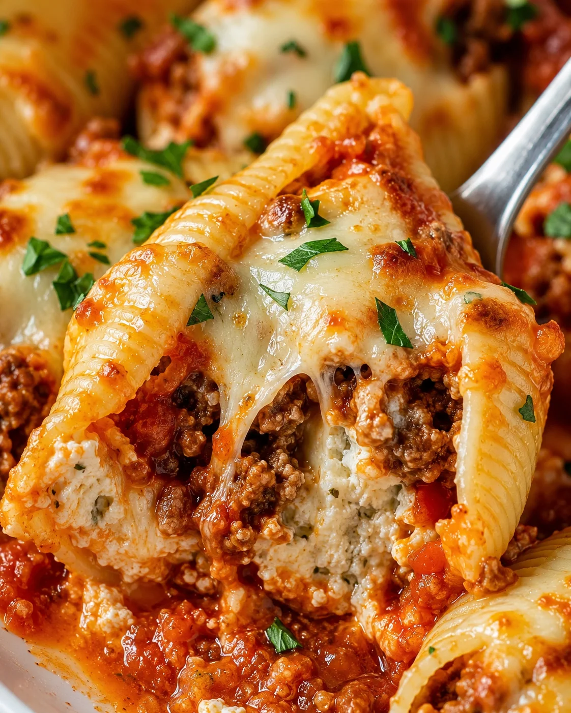 Stuffed Pasta Shells with Ground Beef Close-up of cheesy stuffed pasta shells with ground beef and melted cheese