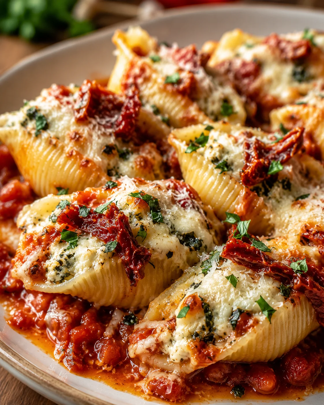 Close-up of baked pasta shells filled with ricotta and sun-dried tomatoes, topped with cheese