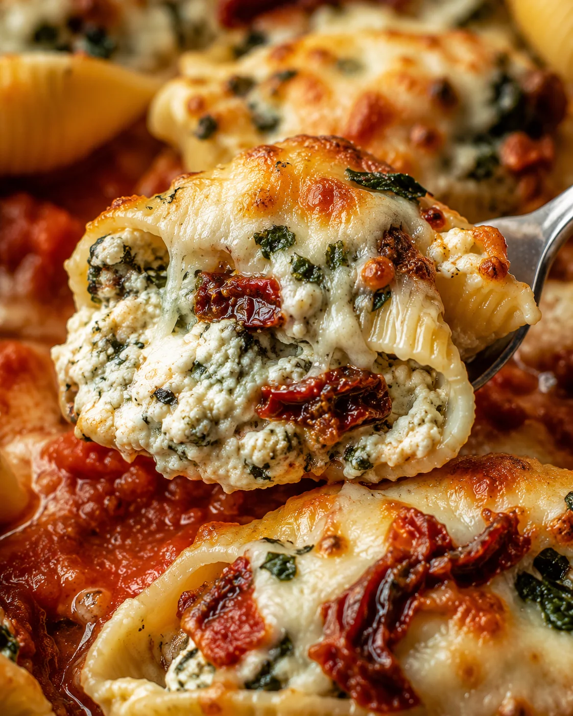 Close-up of baked pasta shells filled with creamy ricotta and sun-dried tomatoes
