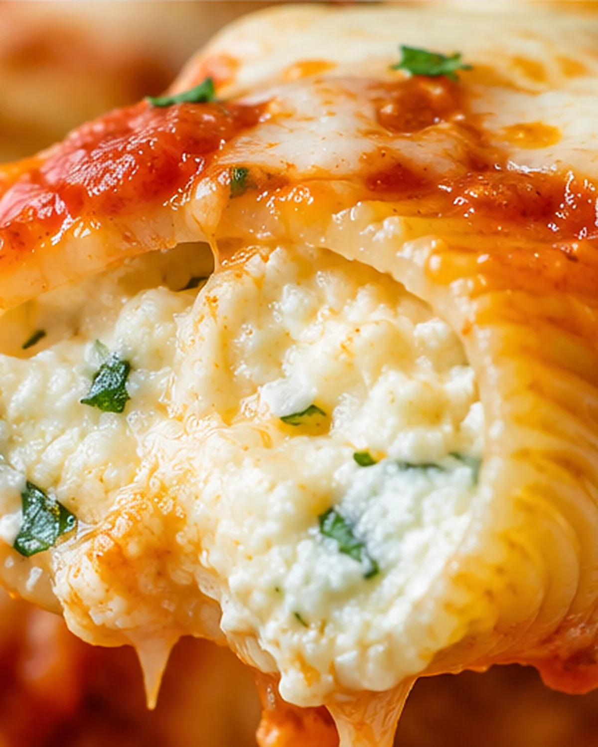 Cheesy Stuffed Shells Recipe Close-up of cheesy stuffed pasta shells topped with marinara sauce.