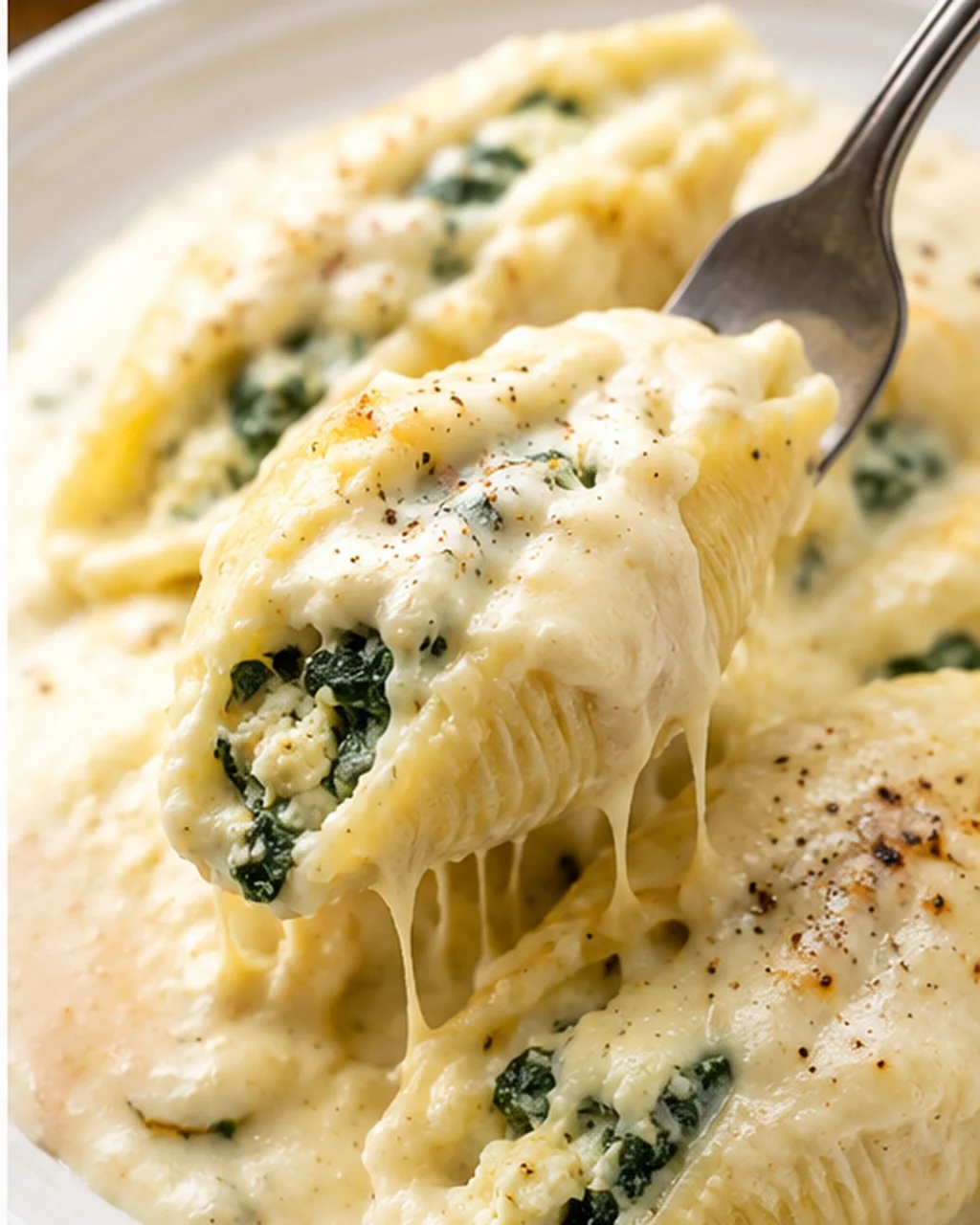 Close-up of cheesy Alfredo stuffed shells topped with spinach and creamy sauce