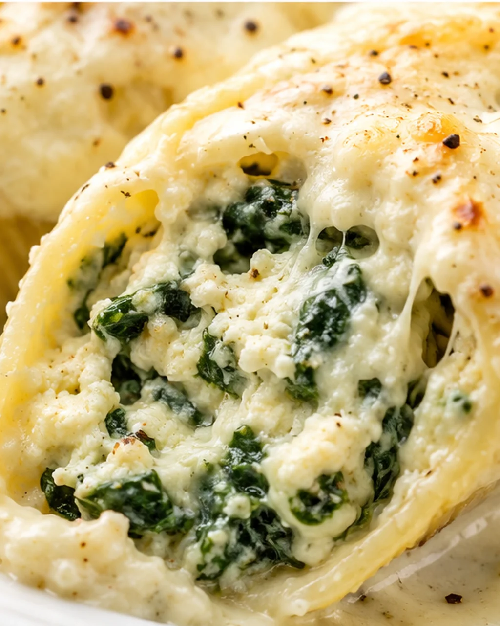 Close-up of cheesy stuffed shells topped with melted Alfredo sauce and spinach.