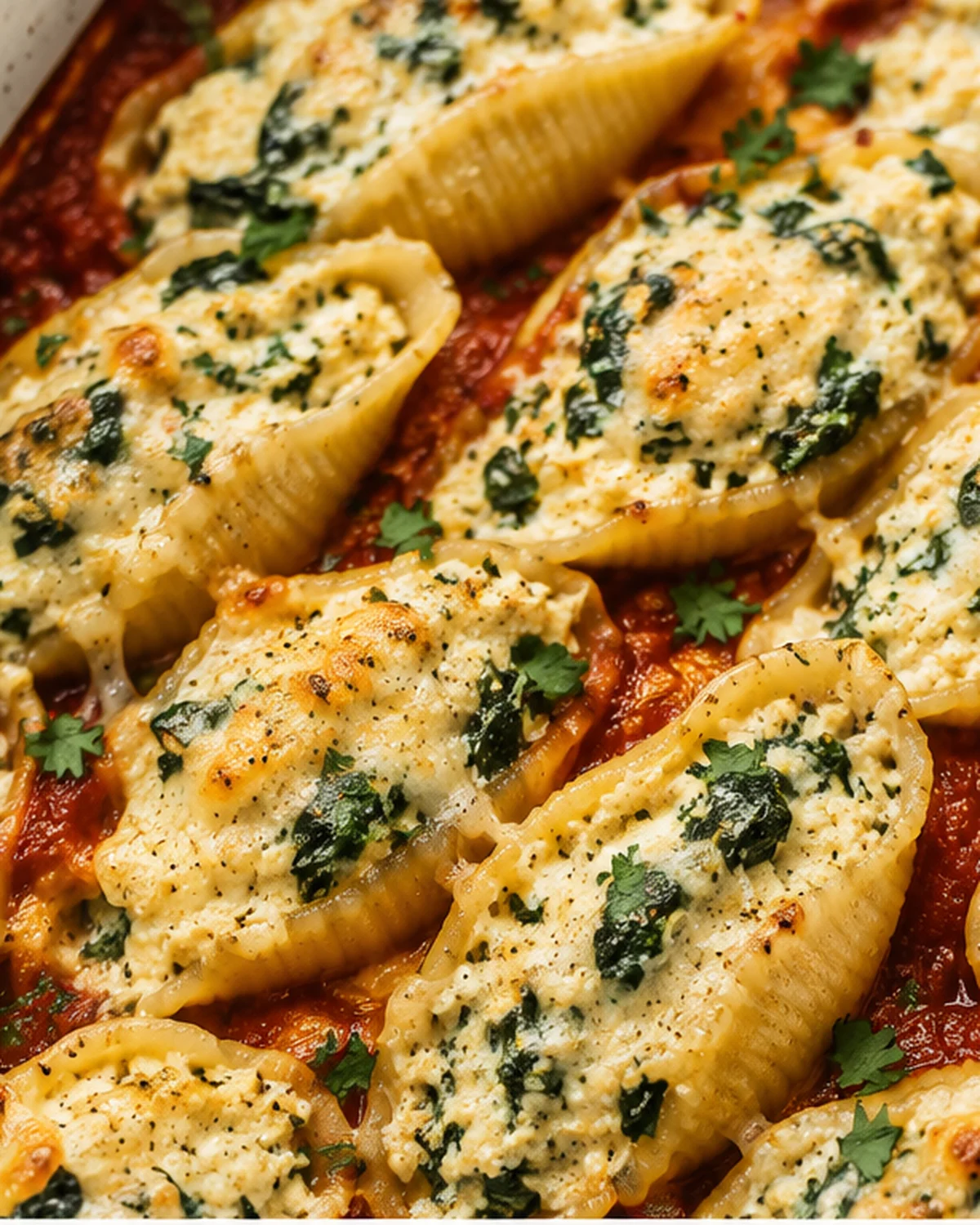 Tofu Ricotta Stuffed Shells with Spinach Close-up of vegan stuffed pasta shells topped with melted cheese and herbs.