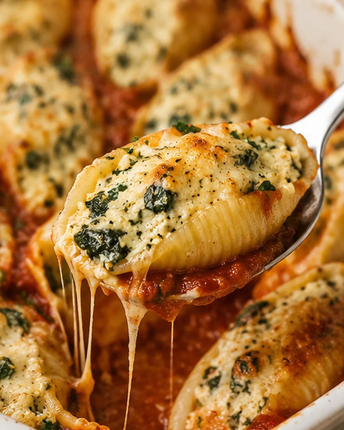 Vegan Tofu Ricotta Stuffed Shells Close-up of stuffed pasta shells topped with melted cheese and herbs.