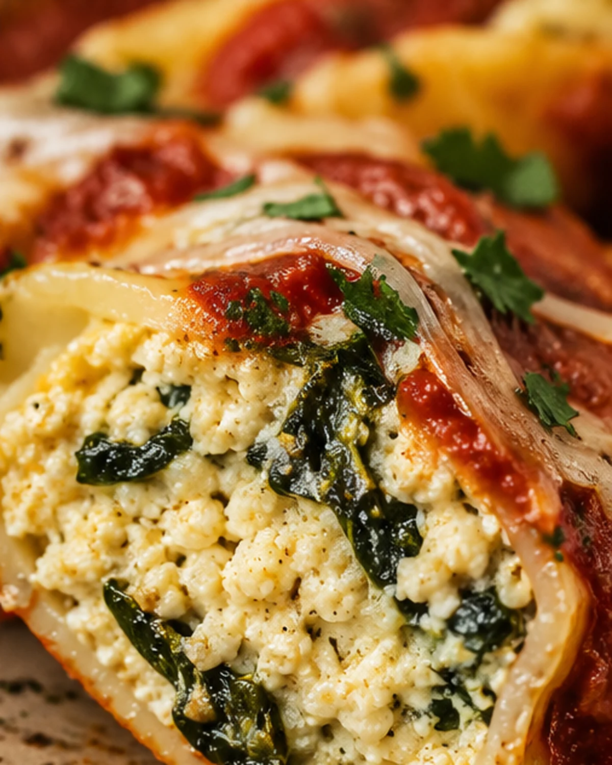 Tofu Ricotta Stuffed Shells with Spinach Close-up of stuffed pasta shells with tofu ricotta and spinach, topped with marinara sauce and herbs