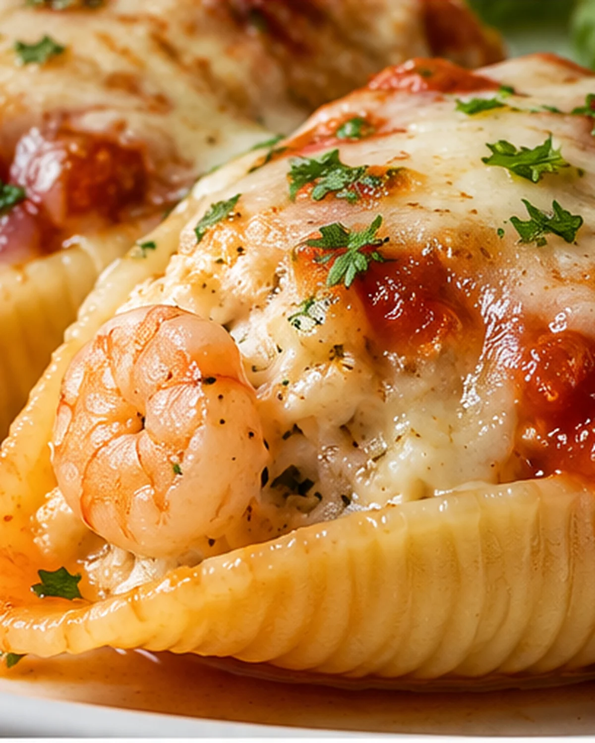 Baked pasta shells filled with shrimp, crab, and cheese, topped with marinara sauce.