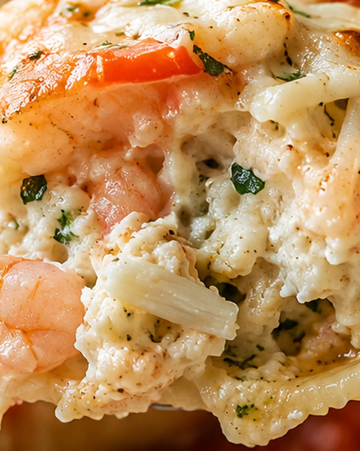 Creamy seafood stuffed pasta shells topped with cheese and marinara sauce.