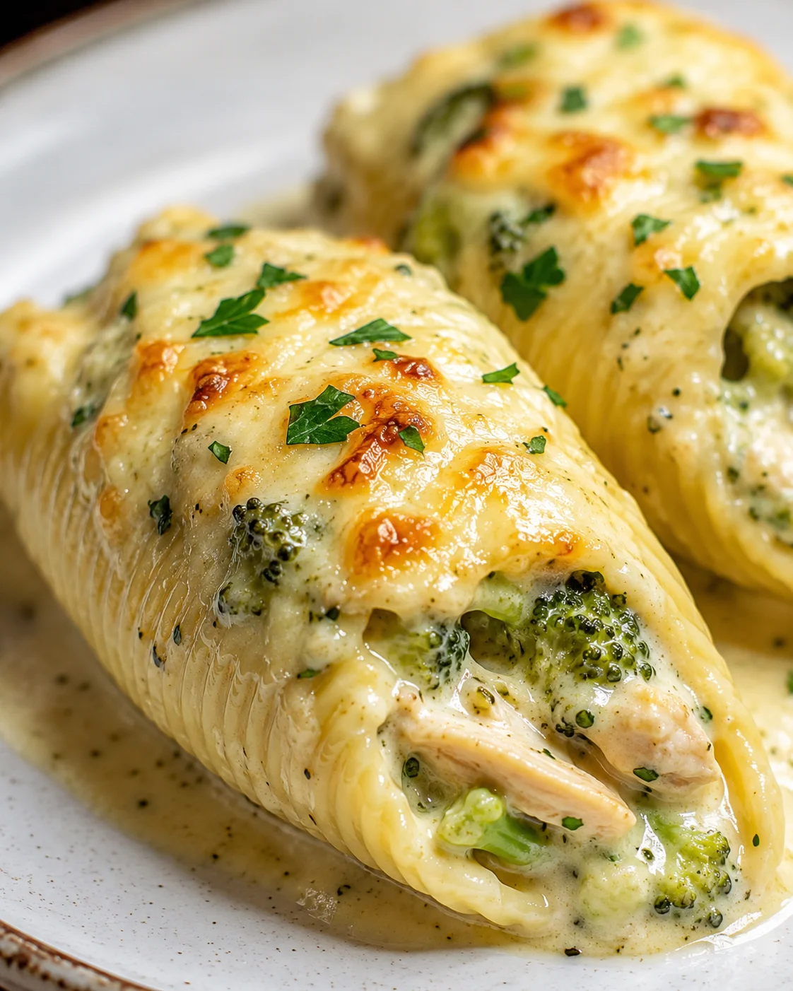 Baked stuffed shells with melted cheese, chicken, broccoli, and fresh herbs on top.