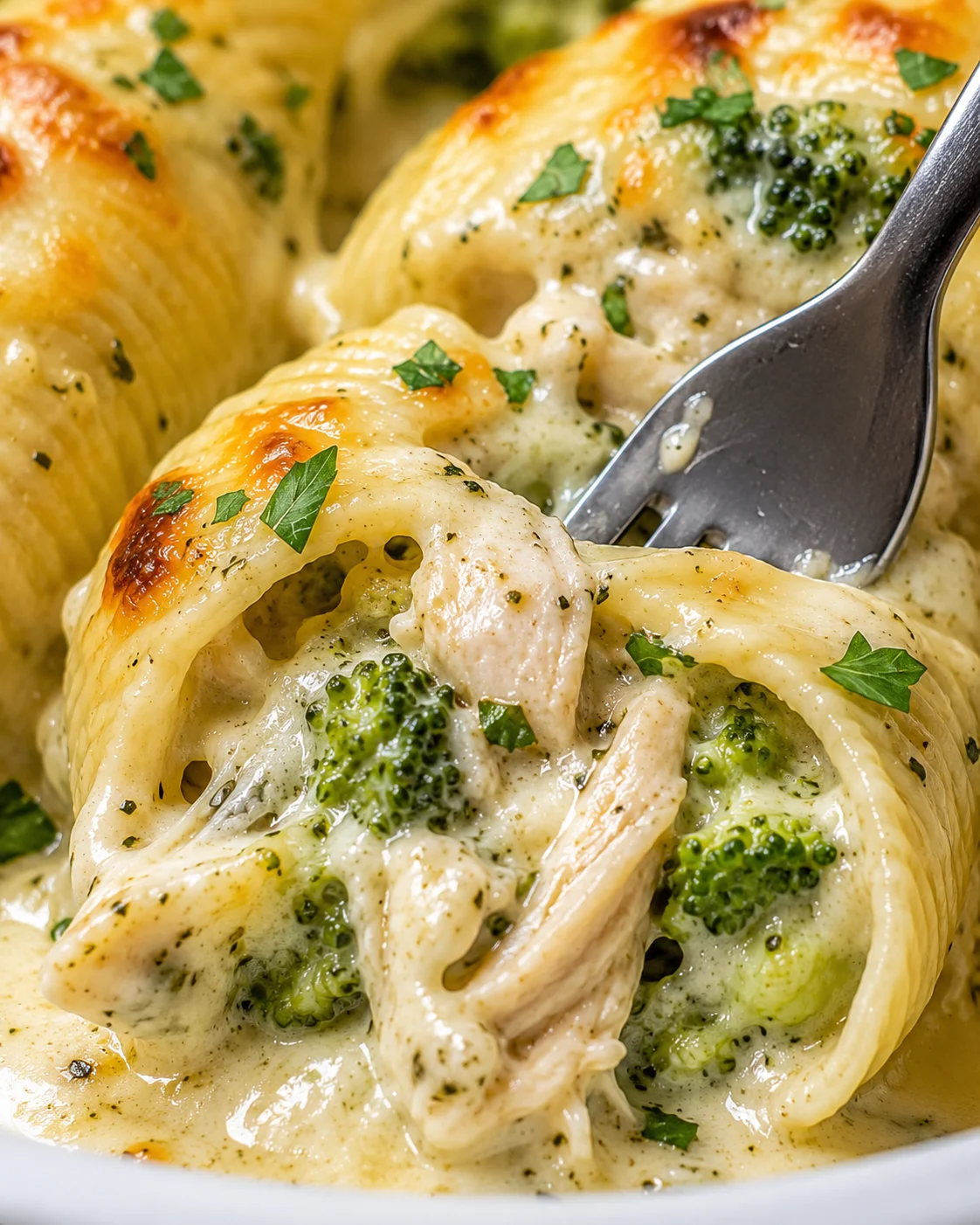 Delicious baked shells filled with chicken and broccoli topped with melted cheese.