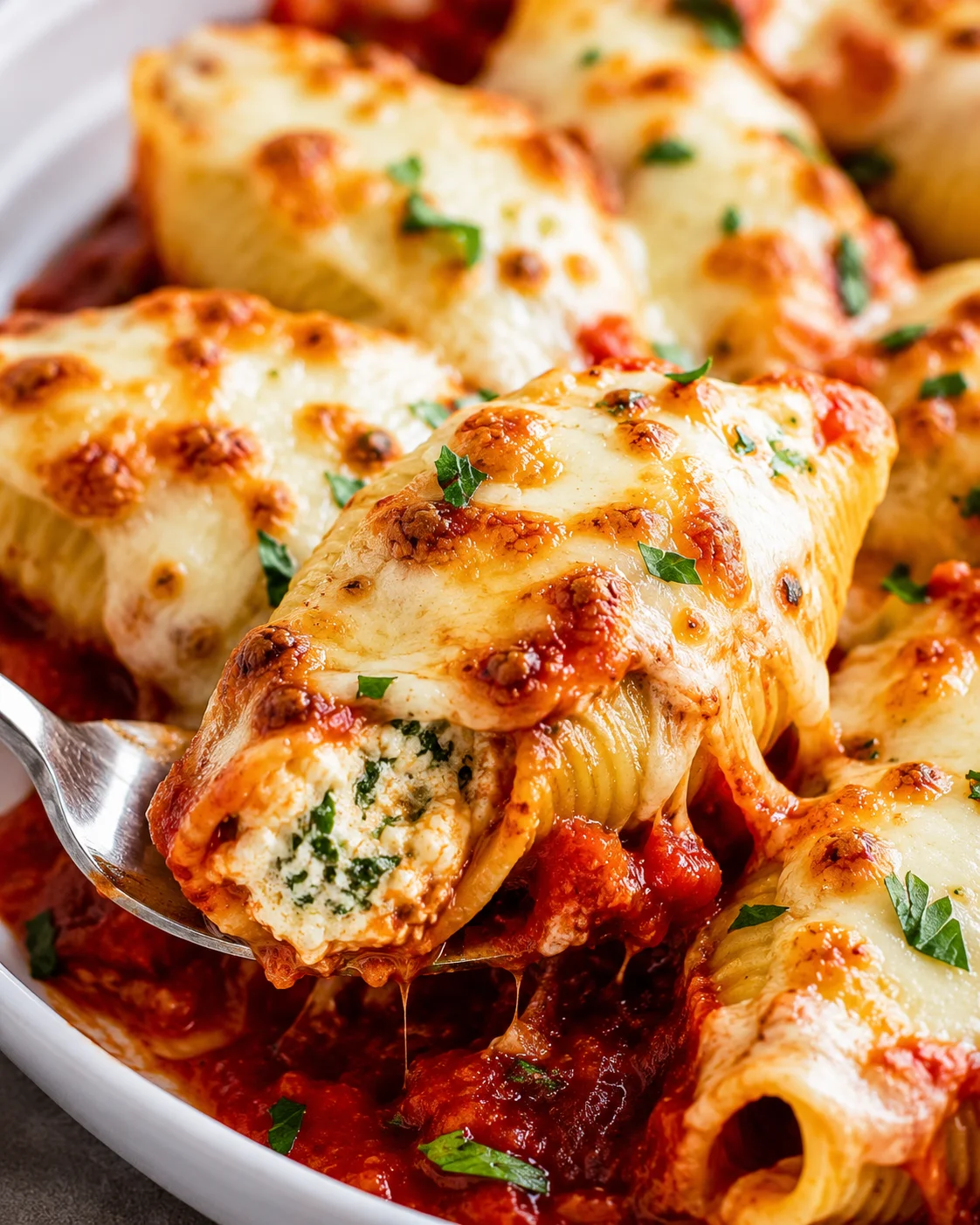 Delicious baked shells filled with salmon and cheesy filling, topped with melted cheese.