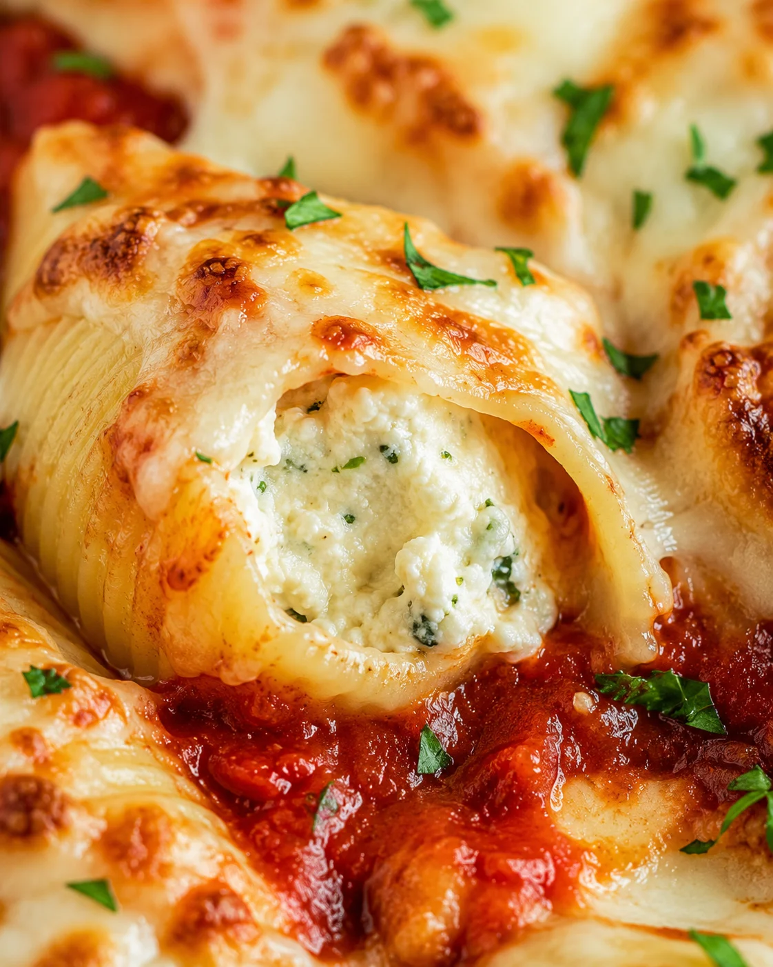 Creamy salmon stuffed pasta shells topped with melted cheese and herbs.