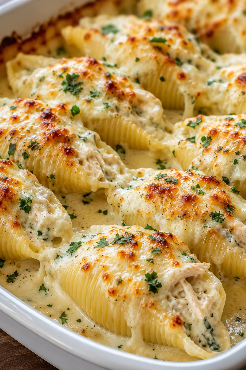 Baked pasta shells filled with creamy chicken and cheese under golden cheese