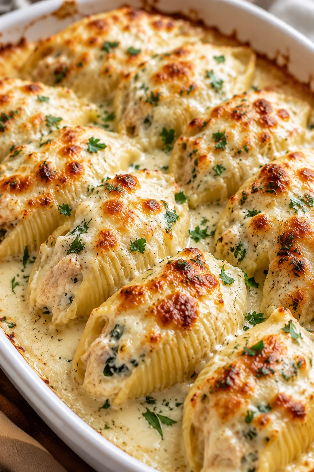 Delicious baked shells filled with creamy chicken and cheese, topped with melted cheese.
