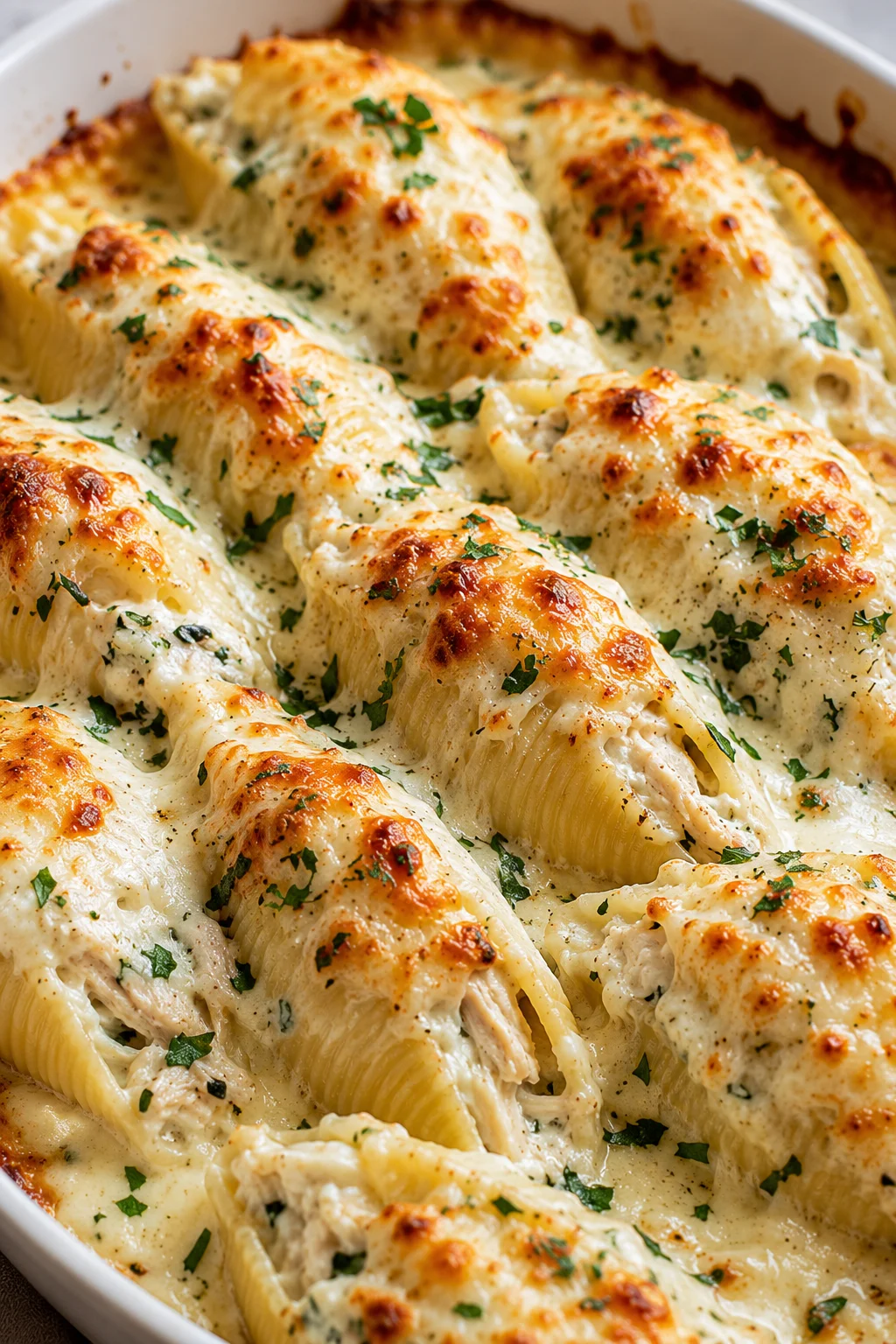 Baked cheesy chicken Alfredo stuffed shells garnished with parsley in a white dish.