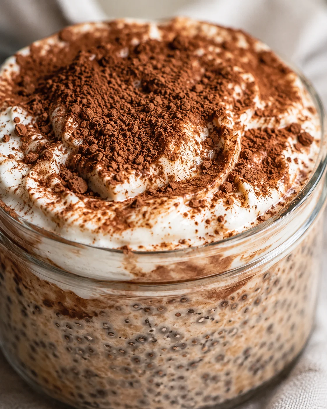Tiramisu Chia Pudding Creamy tiramisu chia pudding topped with cocoa powder and chocolate shavings.