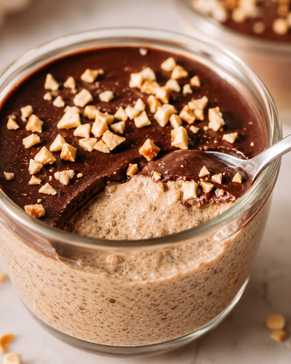 Delicious peanut butter chia pudding topped with crunchy chocolate shell and chopped nuts