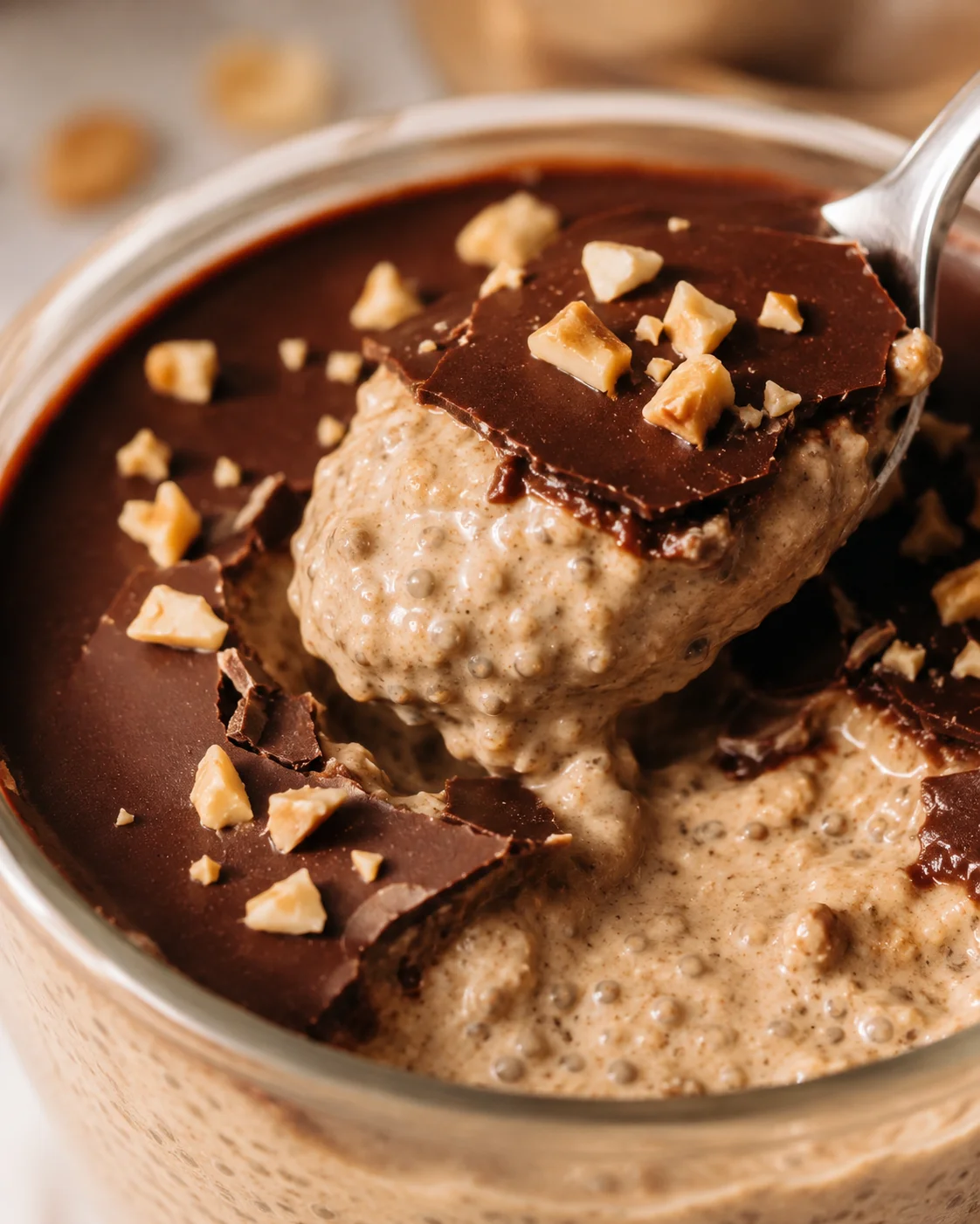 Delicious creamy peanut butter chia pudding topped with chocolate and nuts.