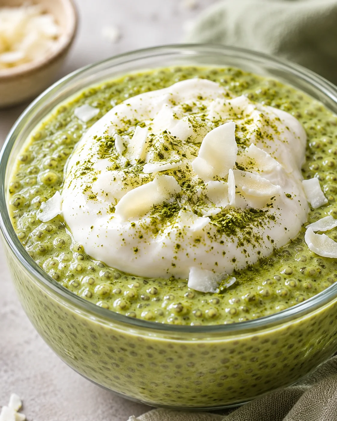Creamy green matcha chia pudding topped with coconut flakes and powder.