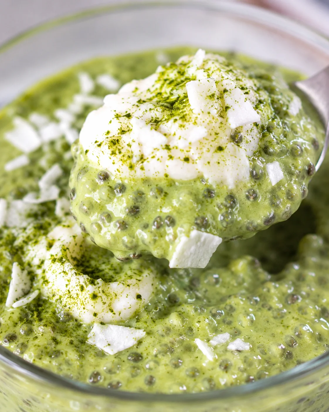 Creamy green matcha chia pudding topped with coconut flakes and powder
