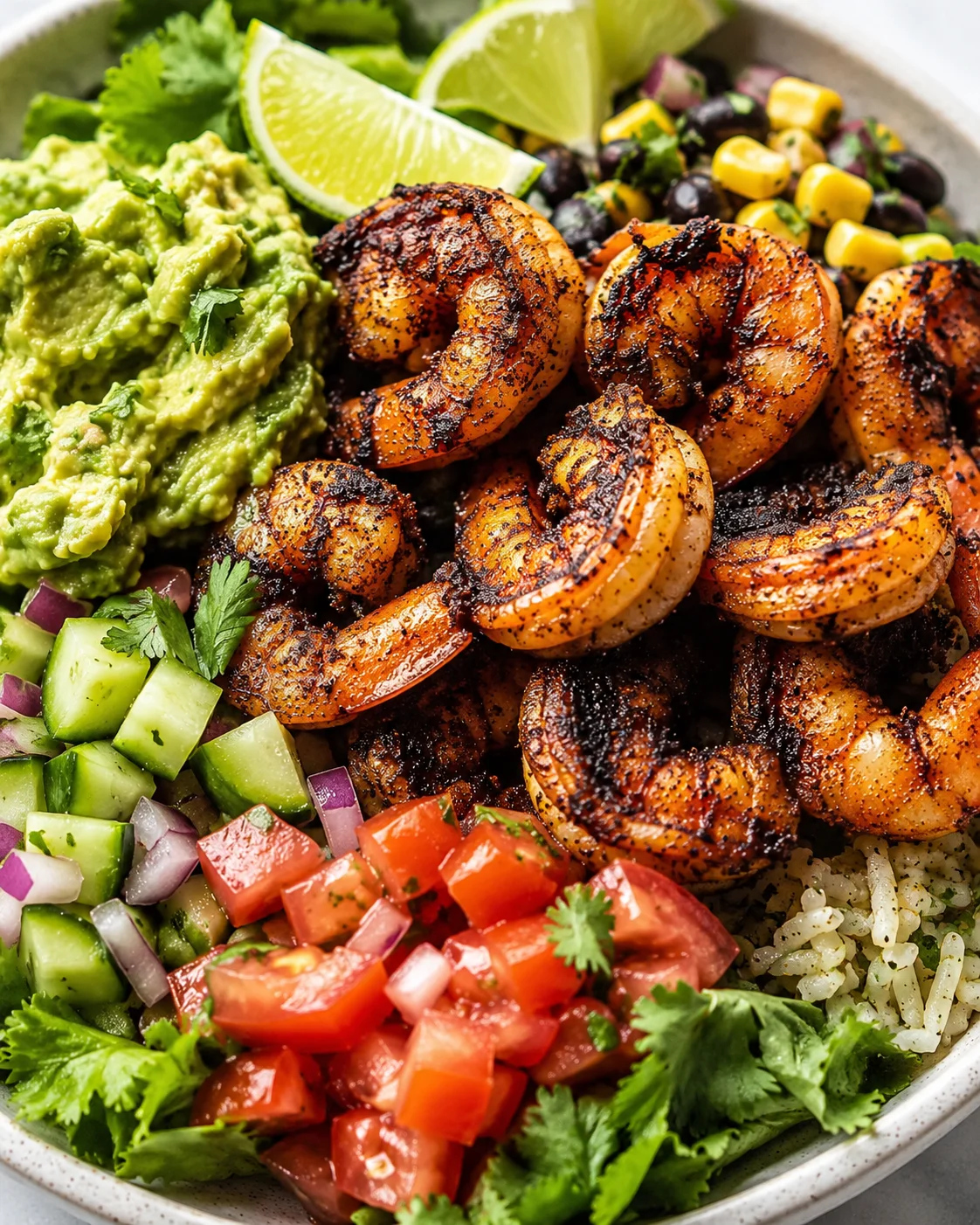 Colorful shrimp bowls with grilled shrimp, avocado, tomatoes, and lime wedges on a plate