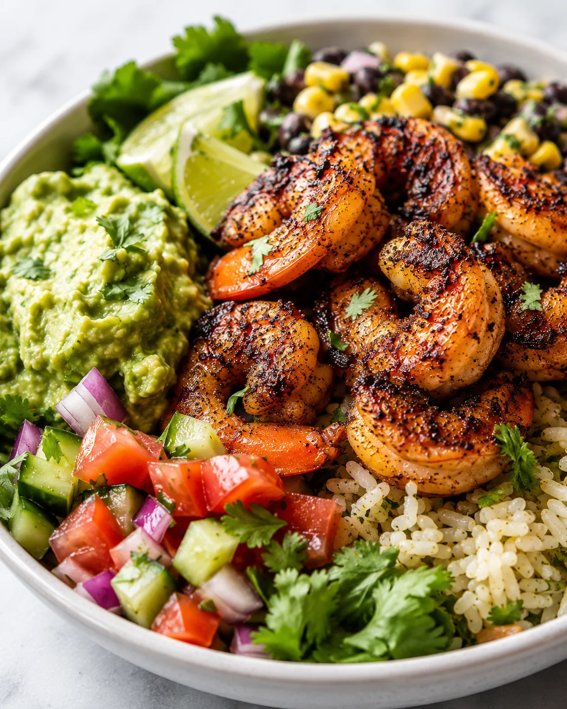 Colorful bowl of blackened shrimp with rice, avocado, tomatoes, and lime wedges