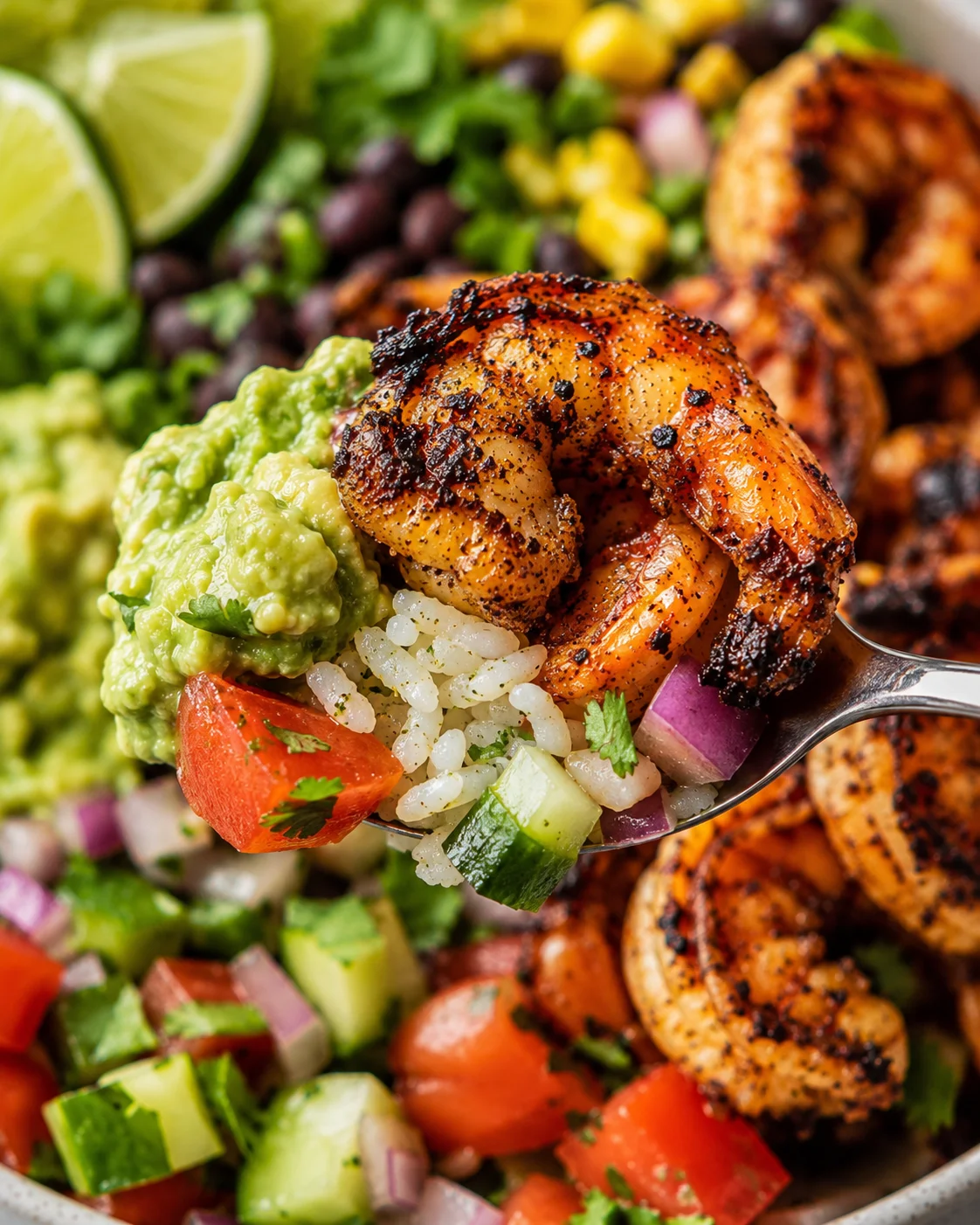 Close-up of spicy blackened shrimp served with fresh vegetables and lime wedges
