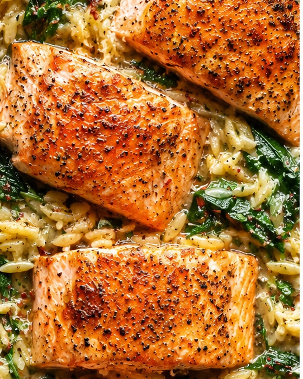 Close-up of seared salmon served with creamy lemon orzo and fresh spinach