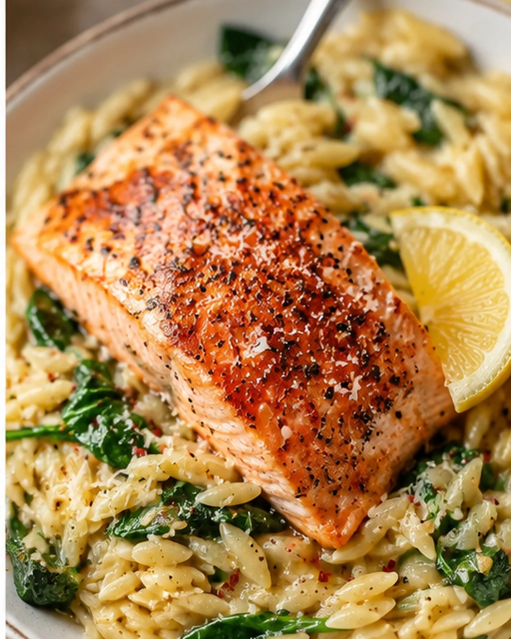 Delicious salmon fillet served with creamy lemon orzo and fresh spinach in a skillet