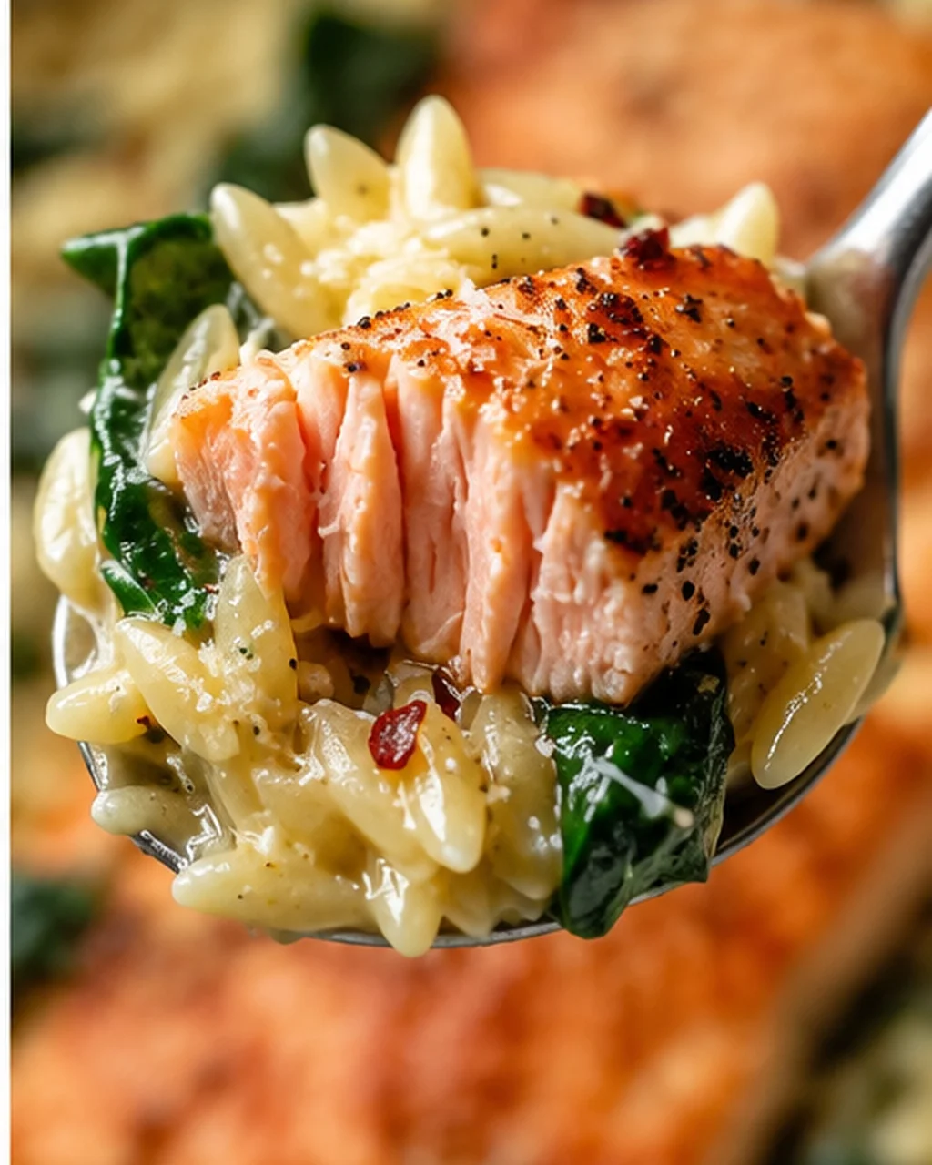 Close-up of salmon atop creamy orzo with spinach and lemon garnish