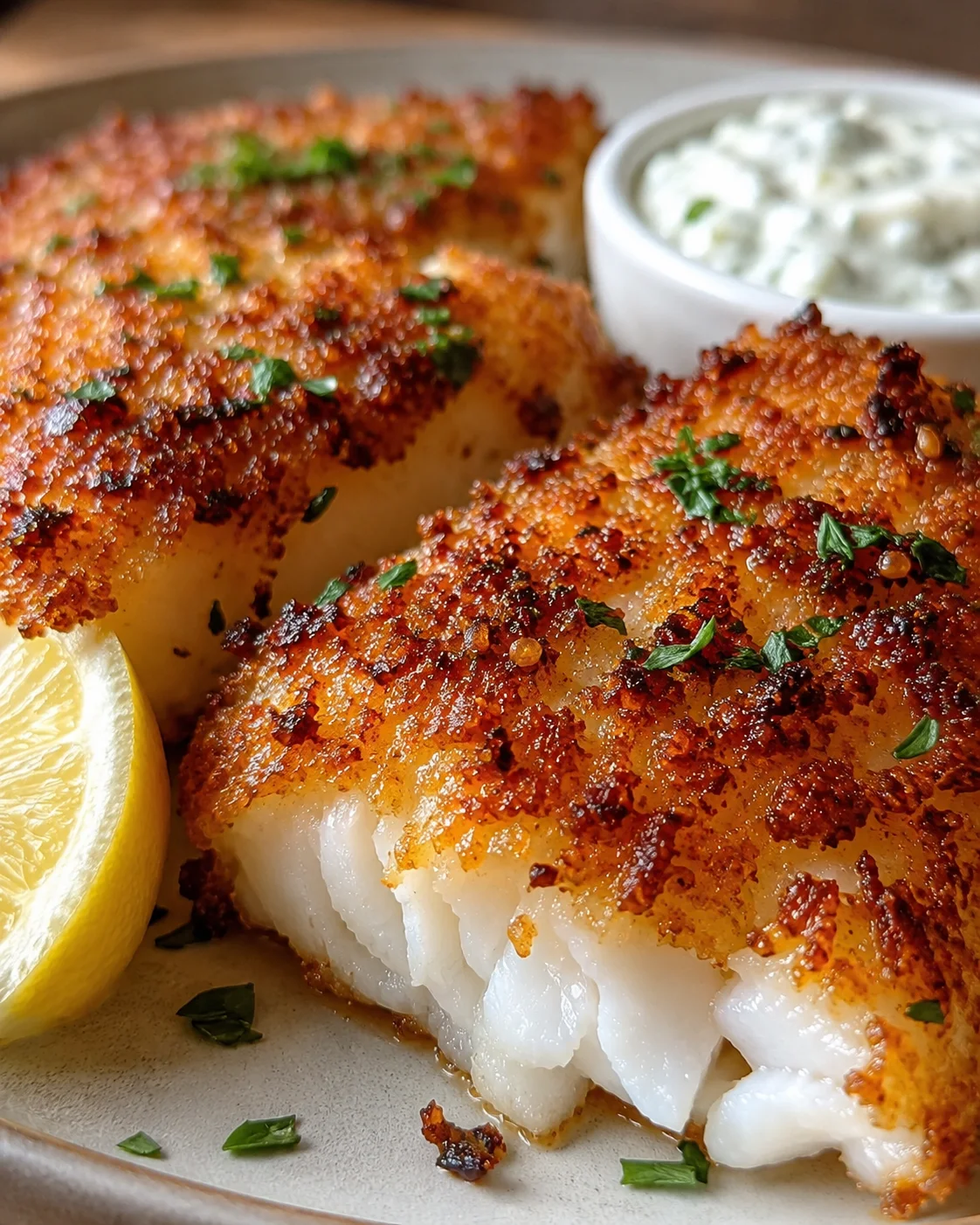 Golden, crispy air fryer cod fillets served with lemon and tartar sauce