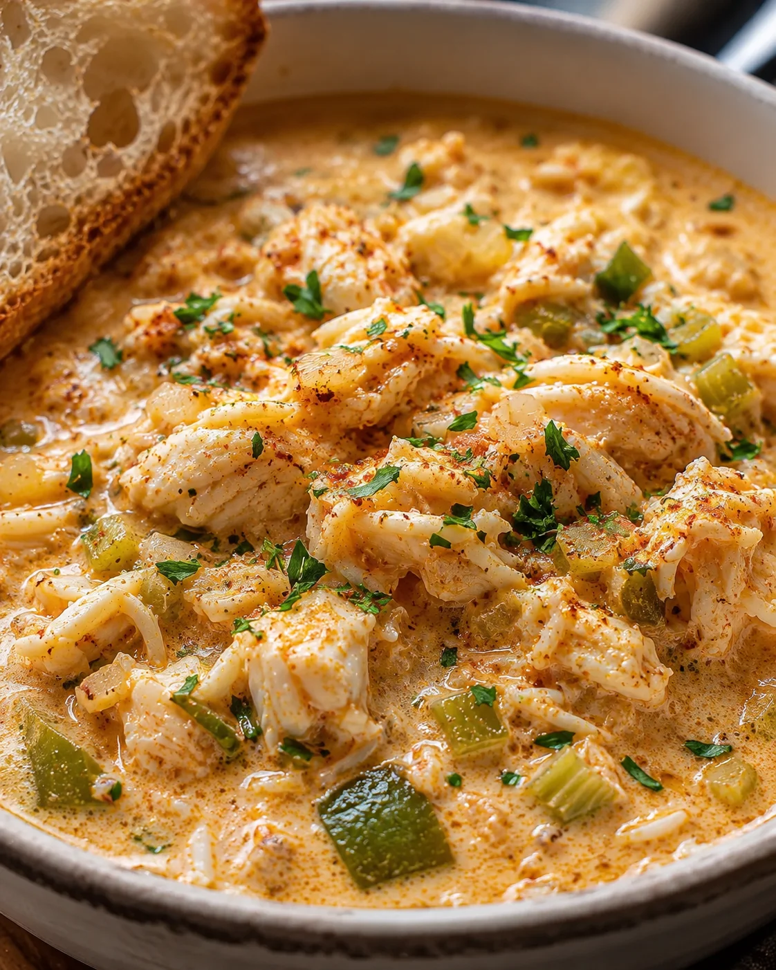 Creamy crab stew with vegetables and seasoned broth in a cozy bowl