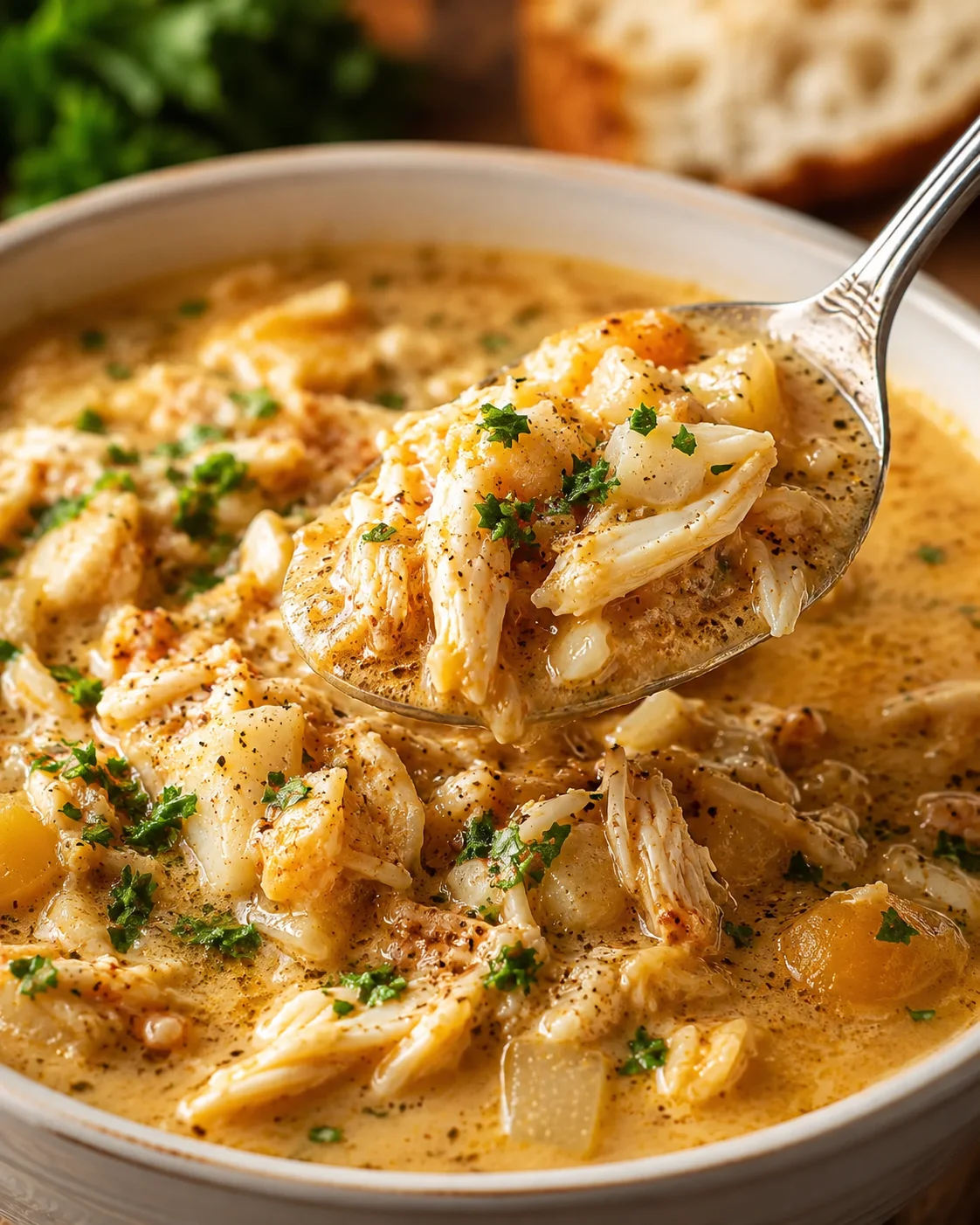 A spoonful of hearty crab stew with vegetables and fresh crab meat in a bowl